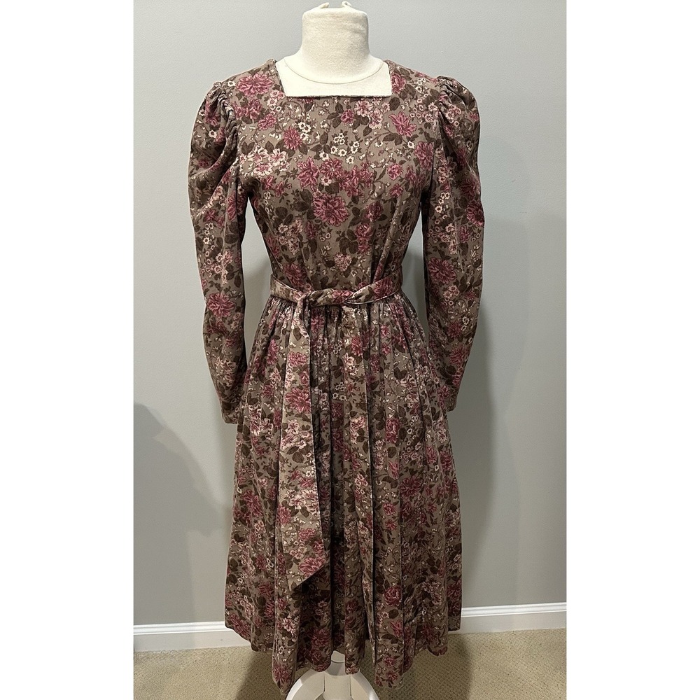Vintage Laura Ashley Floral Corduroy Dress Puff Sleeve Cottagecore Prairie US 6
